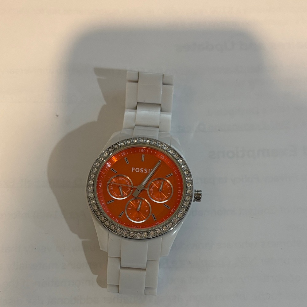 Fossil White Ceramic Watch with Orange Dial and Crystal Bezel